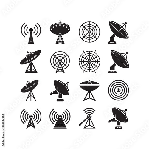 Black and White Vector Icons of Satellite Dishes and Communication Towers.