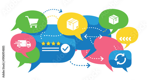 Vector customer service chat bubbles with icons for feedback, rating, shopping cart, delivery, and recycling, for website or app UI, isolated on transparent background, png