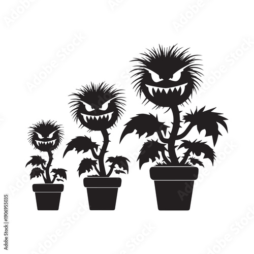 Black Silhouette Carnivorous Monster Plants with Sharp Teeth in Garden Pots.