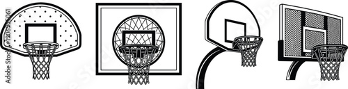 Set of Four Basketball Hoop Illustrations with Different Backboard Designs Including Rectangular Fan Shaped and Professional Goal Net Vector Icons (