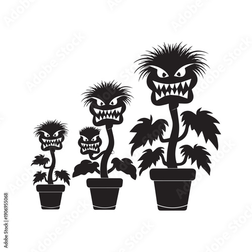 Black Silhouette Carnivorous Monster Plants with Sharp Teeth in Garden Pots.