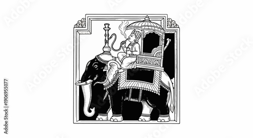 Ornate black and white illustration of an elephant carrying a rider holding a smoking pipe
