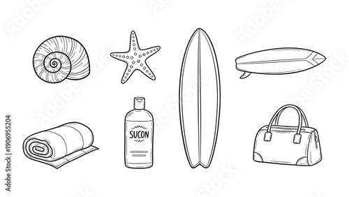 Beach Essentials Outlined: A collection of beach day must-haves, elegantly outlined, ready for summer fun. 