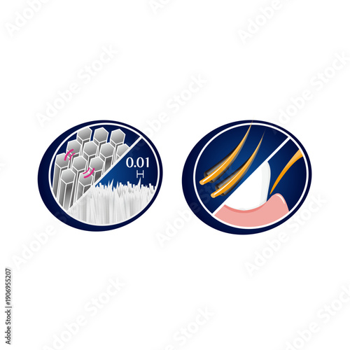 Toothbrush technology icons showing 0.01mm ultra-fine charcoal bristles structure and deep gum cleaning action (Vector illustration)
