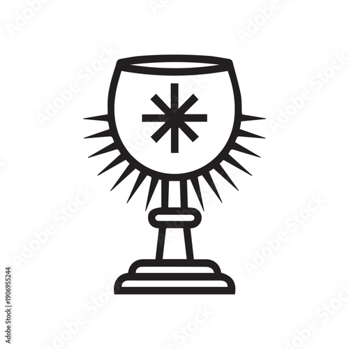 Simple Black Outline Icon of a Holy Grail Chalice with Star Symbol.