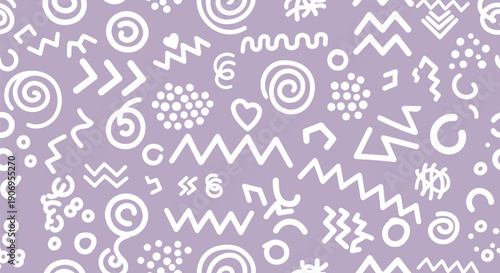 Memphis style pattern with white shapes on lilac background, geometric design for banner or poster, seamless texture