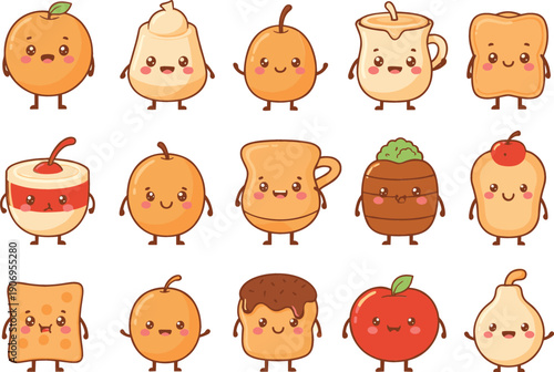 Adorable kawaii breakfast food character sticker vector set