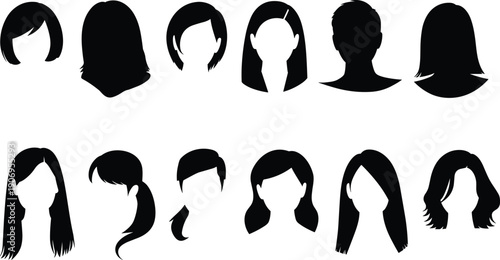 Women Hairstyle Silhouettes Collection Featuring Short Long Straight and Wavy Haircuts Isolated on White Background Beauty Fashion Design Set