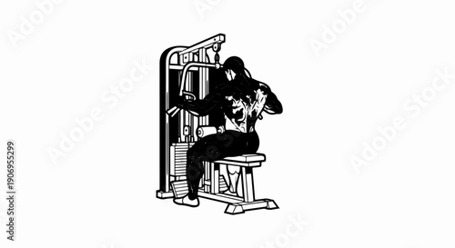 Muscular figure exercising on a weight machine in a gym