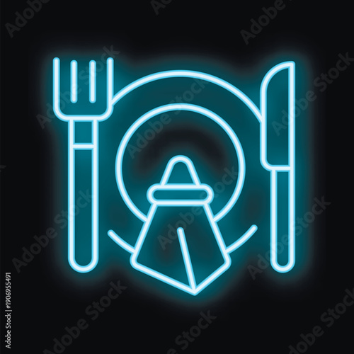 Bright neon sign showing a place setting with fork, plate and knife, perfect for themes like dining out and good food