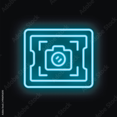 Blue neon icon of a camera taking a picture with its focus activated