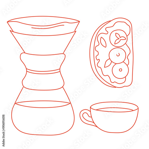 Hand-drawn breakfast elements such as pour over coffee dripper, cup of coffee and toast with cherry tomatoes in line art style