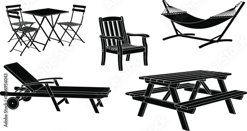 Collection of black outdoor garden furniture silhouettes including picnic table, hammock, and sun lounger, cad drawing flat vector illustration.