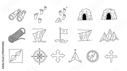 Adventure Symbols: A collection of hand-drawn adventure symbols including binoculars, footprints, caves, rope, cliff, flag, compass, and arrows, inviting exploration. 