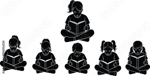 Silhouette of Children Sitting Cross Legged Reading Books in a Group for Literacy Education Library Learning and Back to School