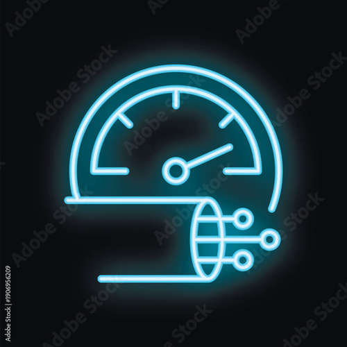 Neon blue speedometer is showing maximum speed representing fast fiber optic internet speed