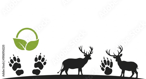 Deer and paw prints with eco symbol illustration.