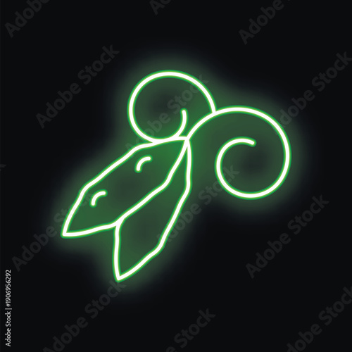 Neon sign illustrating peas in a pod glowing green against a black background