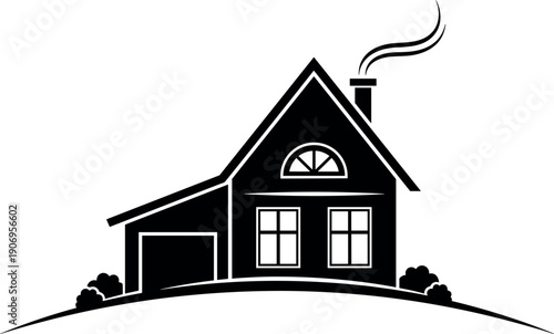 Black residential house silhouette vector icon with garage, chimney smoke, windows, isolated on white background for real estate business logotype.
