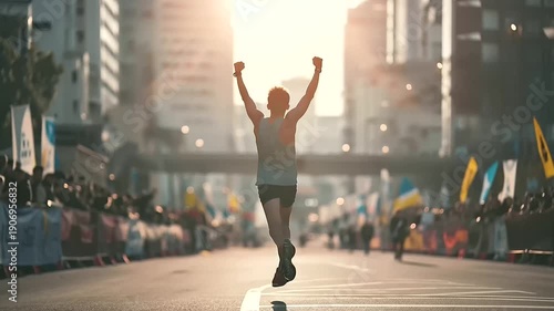 A young runner crosses the marathon finish line with arms raised in triumph set against an urban street course