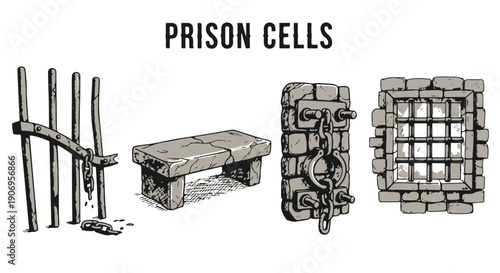 Vintage Hand Drawn Prison Cell Elements Set. Isolated Stone Bench, Broken Bars, Locked Door with Shackles, Barred Window Sketch. isolated PNG with Transparent Background