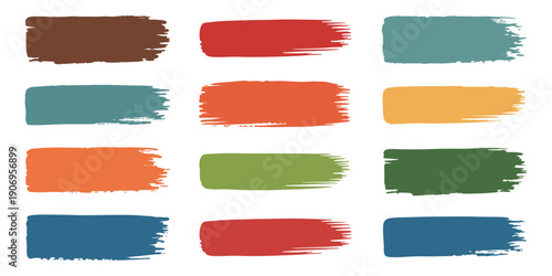 Vector set of colorful hand-painted brush strokes, collection of thick textured paint smears and vibrant distressed ink stripes for artistic design.