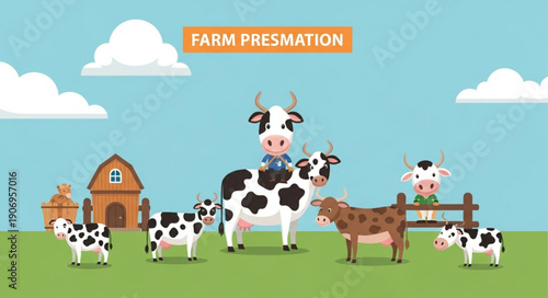 Cute cartoon farm animals including cows and goats in a field.
