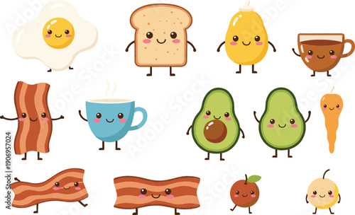 Adorable kawaii breakfast food characters with smiley faces