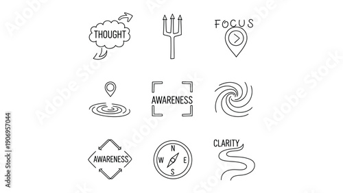 Conceptual Symbols: A collection of minimalist line art symbols that represent key mental and emotional concepts such as thought, focus, awareness, and clarity.