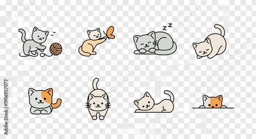 Cute cartoon kittens in various playful poses and sleeping.