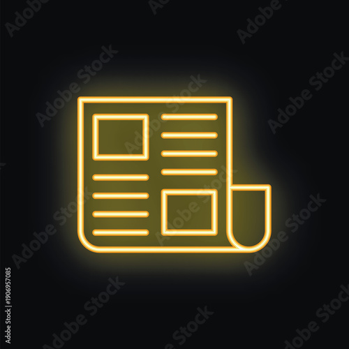 Neon yellow newspaper icon glowing on dark background representing concept of news