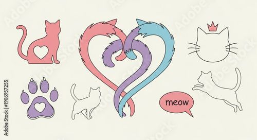 Cute Cat Illustrations and Heart Shape Design Elements.
