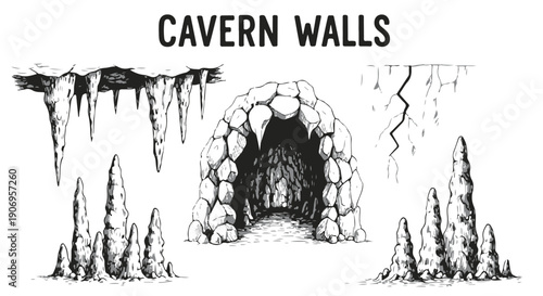 Hand Drawn Vector Collection of Cave Elements: Stalactites, Stalagmites, Cavern Entrance, and Wall Cracks with 'CAVERN WALLS' Text isolated PNG with Transparent Background