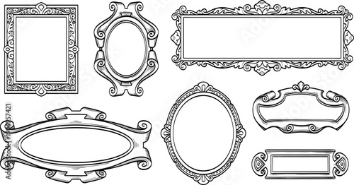 Collection of decorative vintage frames with elegant ornamental details, isolated on white. Hand drawn engraving illustration.