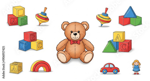 Cute Teddy Bear Surrounded by Colorful Childrens Toys.