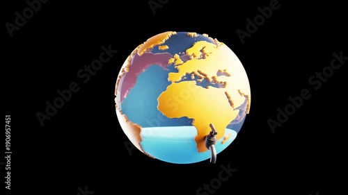 The flowing water on the rotating Earth symbolizes the gradual depletion of the planet’s water resources. The animation draws attention to the global water crisis.