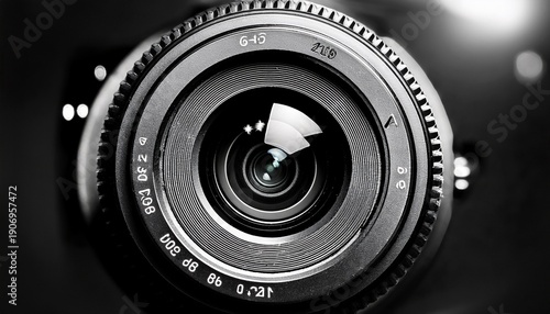 a black and white photo of a camera lens the lens is in the center of the image and is surrounded by a dark background the lens appears to be a close up of the camera s viewfinder
