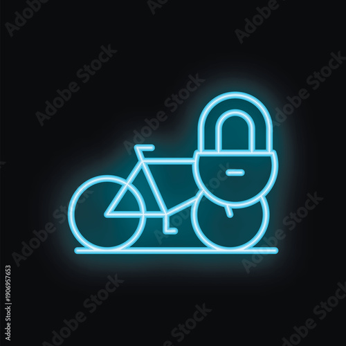 Blue neon sign of a locked bicycle glowing on a black background