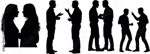 Set of Black Silhouettes of People Talking, Discussing, Arguing, and Communicating in Pairs Isolated on White Background Vector Illustration