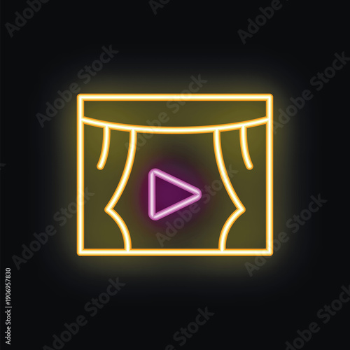 Neon icon of stage curtains opening with a bright glowing play button, perfect for designs related to theater, entertainment, and online streaming