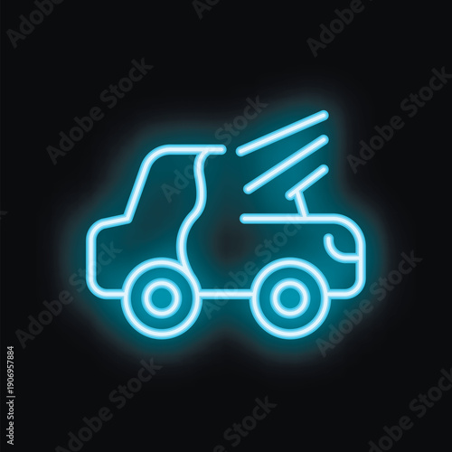 Blue neon sign depicting a tow truck, glowing brightly against a black background