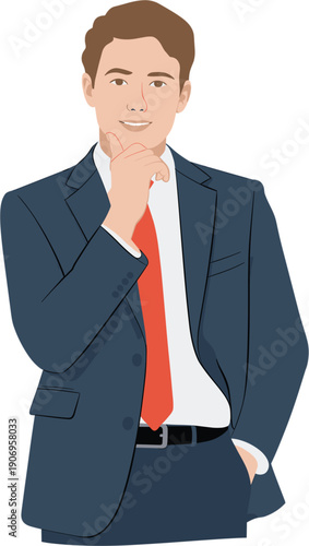 Professional young businessman in elegant blue suit and red tie posing thoughtfully for corporate career success leadership marketing and executive office business management portrait