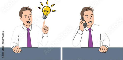 Professional businessman character set showing successful creative idea with lightbulb and talking on smartphone at office desk, corporate employee communication