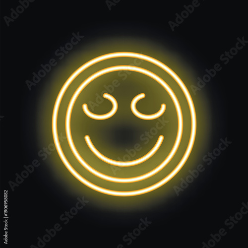 Yellow neon sign is glowing on a black background, showing a smiling face with closed eyes