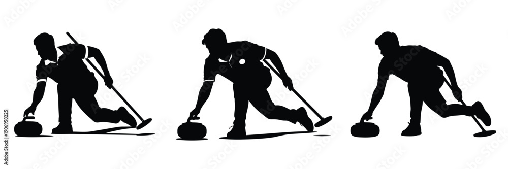 Obraz premium Silhouette of Curling Player in Action – Winter Sports Vector Illustration, Curling Athlete Sliding Stone on Ice, Teamwork and Precision Concept, Competitive Outdoor Sport Design