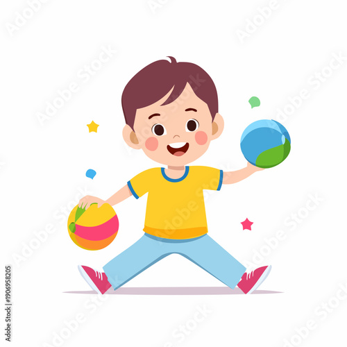 Happy Boy Juggling Two Balls Surrounded by Stars and Confetti in a Cartoon Style
