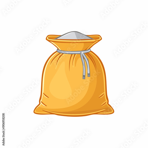 Illustration of a cloth sack filled with flour; tied with string and overflowing against a white background
