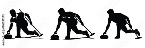 Silhouette of Curling Player in Action – Winter Sports Vector Illustration, Curling Athlete Sliding Stone on Ice, Teamwork and Precision Concept, Competitive Outdoor Sport Design