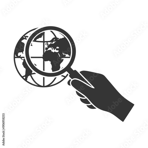 ルーペを持つ手のシルエットアイコン　地球儀