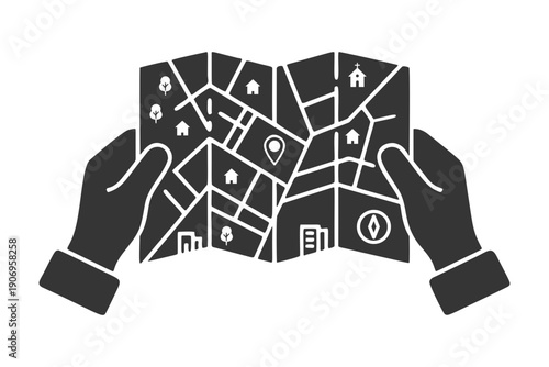 地図を広げる手のシルエットアイコン